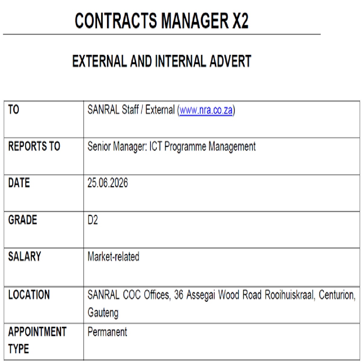 SANRAL_za's tweet photo. Contracts Manager X2 - click link to apply https://t.co/Ru38eWpFkw https://t.co/r18g8qnGrB