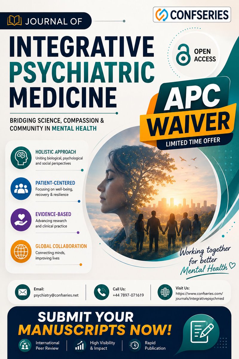 JacobP16932's tweet photo. 📢 Calling Researchers, Clinicians, Academicians, and Mental Health Professionals!
The Journal of Integrative Psychiatric Medicine is committed to advancing innovative, evidence-based, and patient-centered approaches to mental healthcare.

#MentalHealthResearch #Psychiatry https://t.co/aIq7YVH0xs
