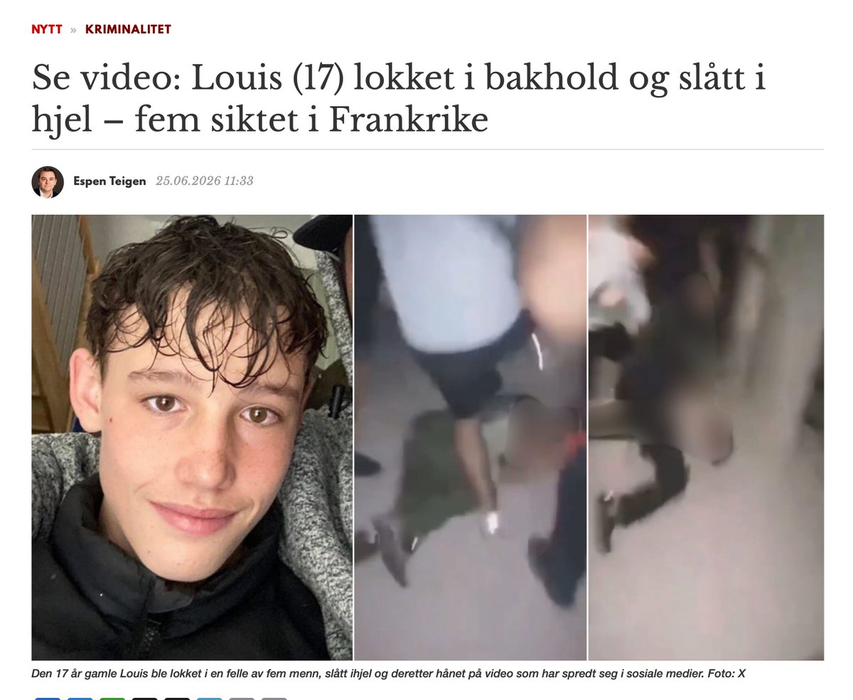 espenteigen's tweet photo. Den nye virkeligheten i Europa er ikke til å tro med egne øyne. Enda en ung gutt er drept. Denne gangen av en gjeng på FEM som lokket han i en felle hvor de filmet og fornedret han det på groveste mens de drepte han. Hvil i fred, Louis. https://t.co/GJmrZdts6X