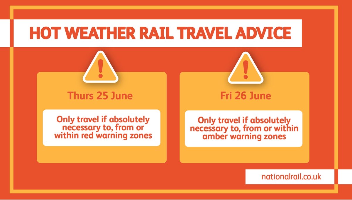 NetworkRailEUS's tweet photo. ⚠️ A reduced timetable is in place affecting journeys to and from Euston today and tomorrow

🌡️ This is because of ongoing weather warnings for extreme heat

👉 https://t.co/TpvdpjnxaT

ℹ️ Please only travel if necessary. If you need to travel, allow extra time and carry water https://t.co/Wxu7MG70Pq