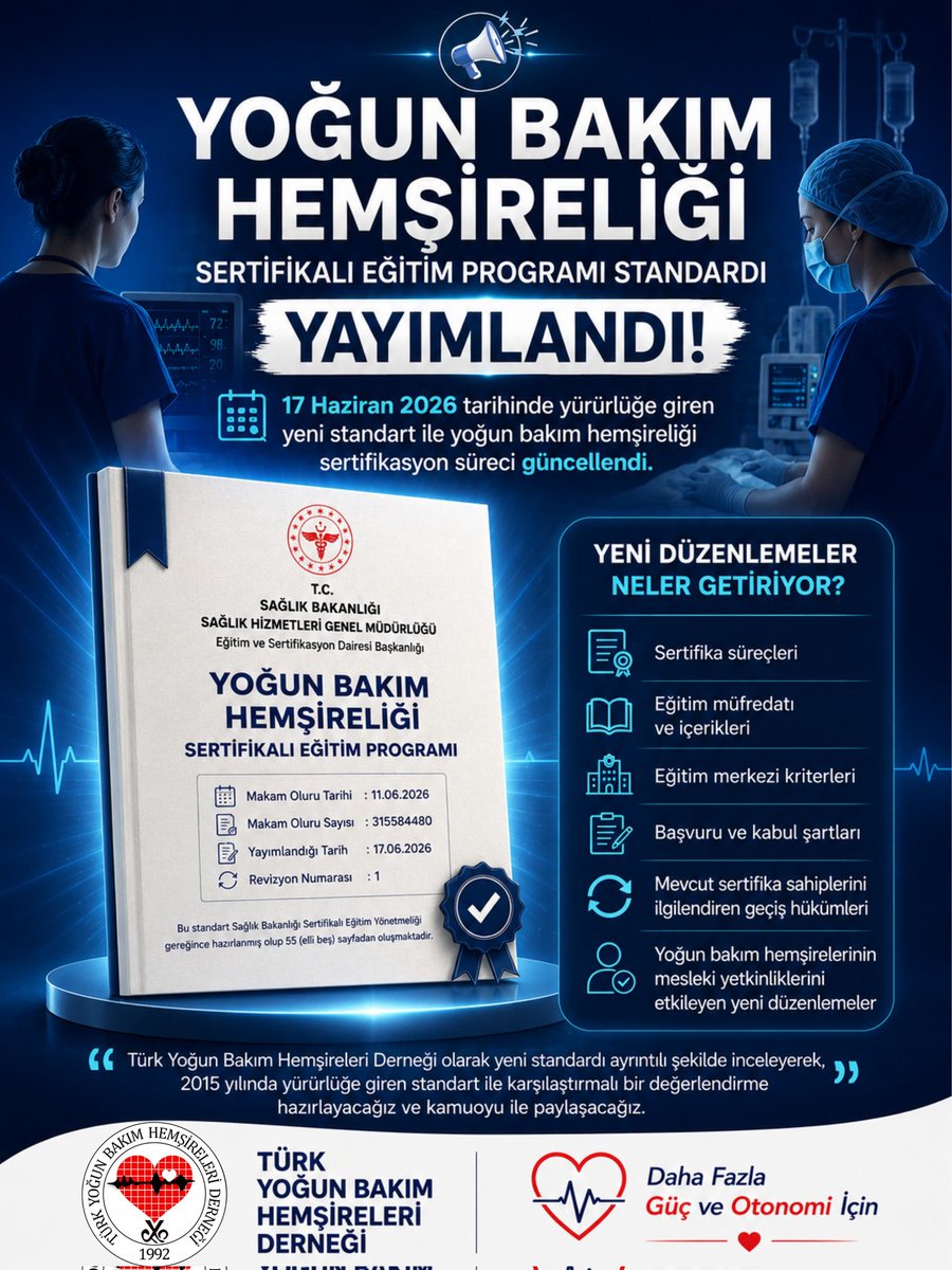 TYBHD's tweet photo. YOĞUN BAKIM HEMŞİRELİĞİ SERTİFİKALI EĞİTİM PROGRAMI STANDARDI YAYIMLANDI

Türk Yoğun Bakım Hemşireleri Derneği (TYBHD) olarak uzun süredir üzerinde çalıştığımız, görüş ve önerilerimizle katkı sunduğumuz Yoğun Bakım Hemşireliği Sertifikalı Eğitim Programı Standardı, 17 Haziran 2026 tarihinde yayımlanarak yürürlüğe girmiştir.

Yoğun bakım hemşireliğinin bilimsel temeller doğrultusunda geliştirilmesi, eğitim standartlarının güncellenmesi ve sahadaki ihtiyaçların karşılanması amacıyla hazırlanan bu yeni standart; yoğun bakım hemşirelerinin mesleki gelişimine, bakım kalitesinin artırılmasına ve hasta güvenliğinin güçlendirilmesine önemli katkılar sağlayacaktır.

Bu süreçte yoğun bakım hemşireliği alanının gelişimine verdikleri destek ve katkılar nedeniyle başta Sağlık Bakanlığı Eğitim ve Sertifikasyon Daire Başkanı Uzm. Dr. Erkan Sanmak'a, Sağlık Bakanlığı Sağlık Meslekleri Daire Başkanı Doç. Dr. Gülşen Topaktaş'a ve sürece sunduğu değerli katkılar nedeniyle Türk Hemşireler Derneği Genel Başkan Yardımcısı Merve Erener Erdoğan'a teşekkürlerimizi sunarız.

Ayrıca standardın hazırlanması, değerlendirilmesi ve geliştirilmesi sürecinde görüş, öneri ve katkılarıyla destek veren tüm akademisyenlere, yoğun bakım hemşirelerine, meslek örgütlerine, derneklere ve emeği geçen tüm paydaşlara şükranlarımızı sunuyoruz.

Dernek olarak önümüzdeki günlerde yeni yayımlanan standardı ayrıntılı şekilde inceleyerek, 2015 yılında yürürlüğe giren Yoğun Bakım Hemşireliği Sertifikalı Eğitim Programı Standardı ile karşılaştırmalı bir değerlendirme hazırlayacağız.

Özellikle;
• Sertifika geçerlilik süreleri,
• Eğitim müfredatı ve içerikleri,
• Eğitim süresi ve uygulama esasları,
• Eğitim merkezi kriterleri,
• Başvuru ve kabul şartları,
• Mevcut sertifika sahiplerini ilgilendiren geçiş hükümleri,
• Yoğun bakım hemşirelerinin mesleki yetkinliklerini etkileyen yeni düzenlemeler,

başlıklarında yapılan değişiklikleri meslektaşlarımız ve kamuoyu ile paylaşacağız.

Dernek olarak yoğun bakım hemşireliğinin gelişimine katkı sağlayan her düzenlemeyi yakından takip etmeye, bilimsel veriler ışığında değerlendirmeye ve mesleğimiz adına katkı sunmaya devam edeceğiz.

Ayrıntılı Bilgi İçin;
⤵️⤵️⤵️
https://t.co/BNLH3zVPVj

#TYBHD #sertifika