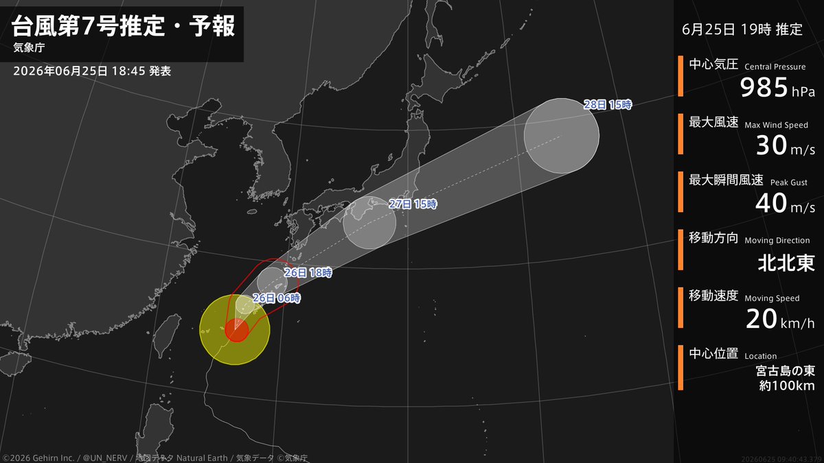 UN_NERV's tweet photo. 【台風第7号推定・予報 2026年06月25日 18:40】
台風第7号（メーカラー）は、宮古島の東約100kmを1時間に20キロの速さで北北東に進んでいるとみられます。 https://t.co/eiEmaQikkO