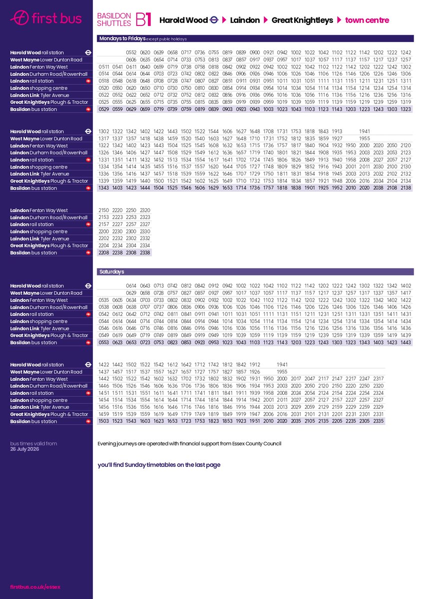 CLondoner92's tweet photo. First Bus Essex has announced that route B1 will be extended from Laindon to Harold Wood station via Westmayne, the A127, Hall Lane and Gubbins Lane. This is surprising, as the London Borough of Havering notably lacks cross-boundary bus connections. https://t.co/6MzGFlDAKS