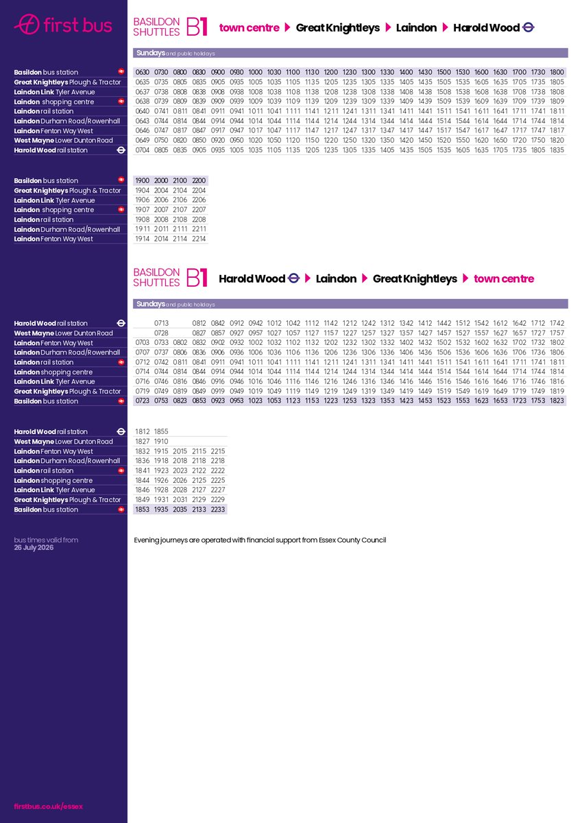 CLondoner92's tweet photo. First Bus Essex has announced that route B1 will be extended from Laindon to Harold Wood station via Westmayne, the A127, Hall Lane and Gubbins Lane. This is surprising, as the London Borough of Havering notably lacks cross-boundary bus connections. https://t.co/6MzGFlDAKS