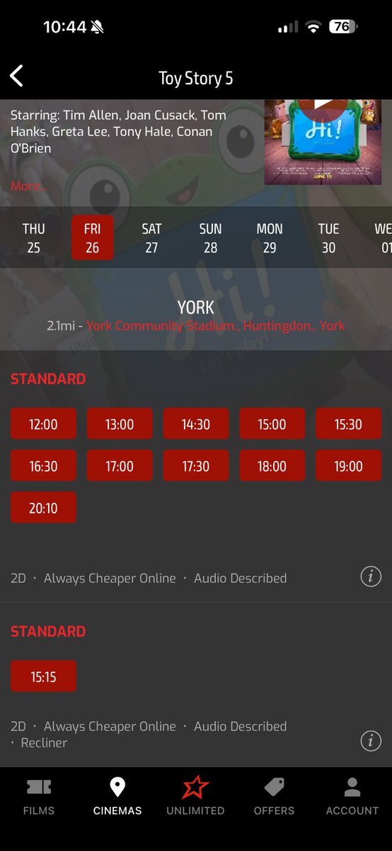 RobsonBen's tweet photo. @cineworld @Cakes_Comics So at York we can only see it in 3D on Saturday morning because all of the other viewings are ‘Standard’ 🤔 https://t.co/BDGtQAwSaq
