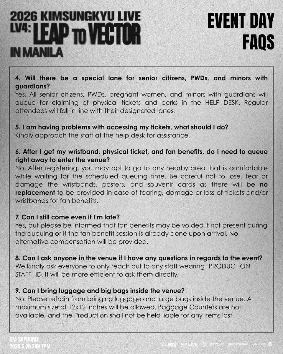 wishusluckent's tweet photo. INSPIRITs, only a few days remain before 2026 KIMSUNGKYU LIVE [LV4: LEAP to VECTOR] IN MANILA!

Check out everything you need to know to enjoy the complete concert experience on June 28, at the SM Skydome. 

Make sure to read them carefully so you are all prepared for event day. 

See you there! 

#KIMSUNGKYU #김성규
#LeaptoVector_MANILA
#BILLIONS #HYLIVE #WishUsLuckPH