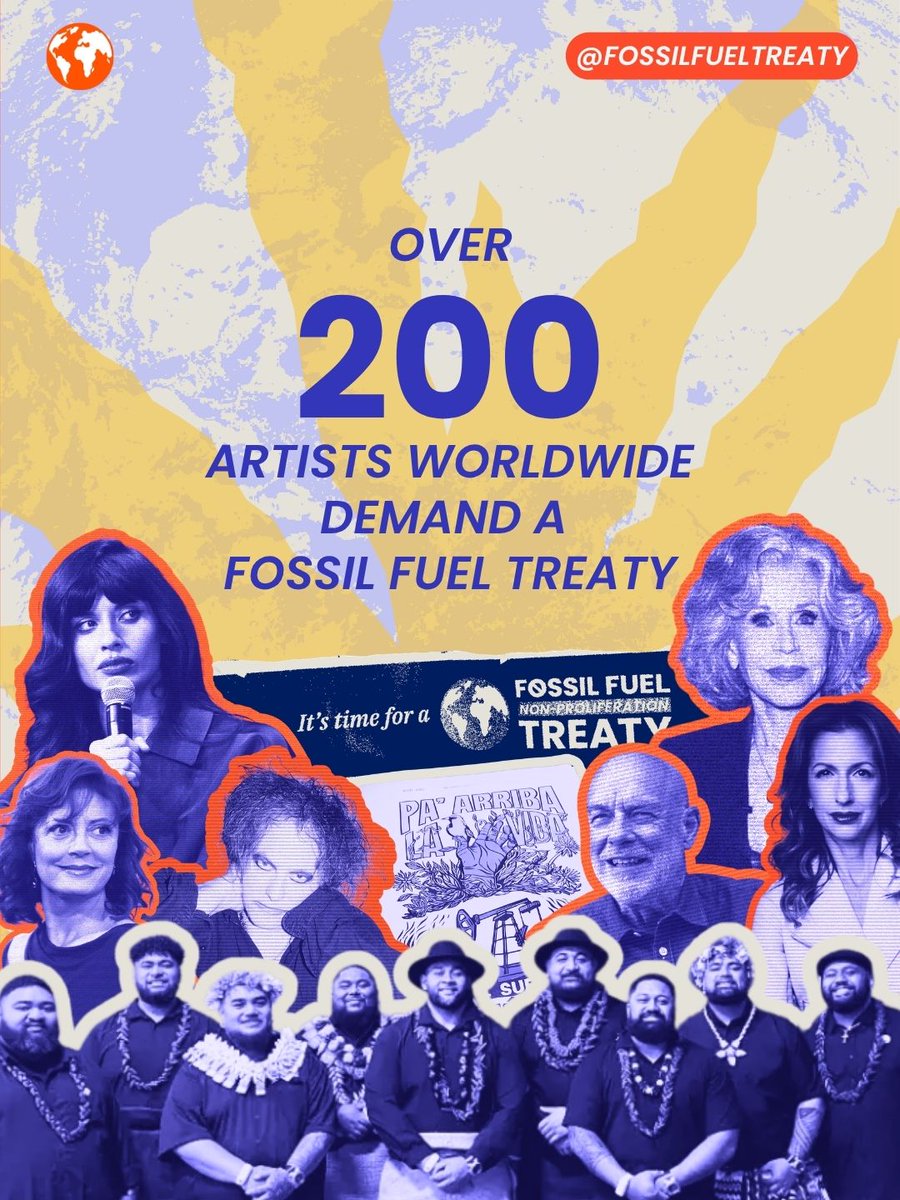 fossiltreaty's tweet photo. 🎨🎭🖌️ More than 200 artists, from globally acclaimed names like @brianeno, @Janefonda, @SusanSarandon, @jameelajamil and Robert Smith, to regionally celebrated voices such as Mundano in Brazil, La Linterna in Colombia and @misanharriman in the UK, have added their names and creative vision to the global call for a Fossil Fuel Treaty.