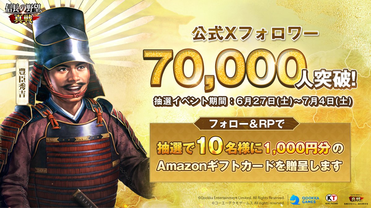 nobunagashinsen's tweet photo. /
#信長の野望真戦 
Xフォロワー数 70,000人突破！
\
🎁フォロー＆RPした方の中から抽選で10名様に
1,000円分の #Amazonギフトカード をプレゼント

日頃より温かいご声援を賜り、心より御礼申し上げます🙇
今後も領主の皆様にさらにお楽しみいただけるよう、サービスの向上に尽力してまいります💪
これからも #信長の野望真戦 とともに、戦国の世界を駆け抜けていきましょう！

〆切：7月4日（土）