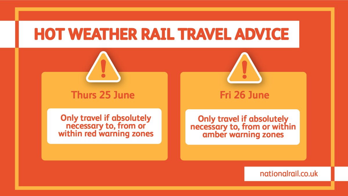 NetworkRailEM's tweet photo. Our request for passengers to only travel if absolutely necessary has been extended, with hot weather forecast for Friday. https://t.co/hF7rd9pufs