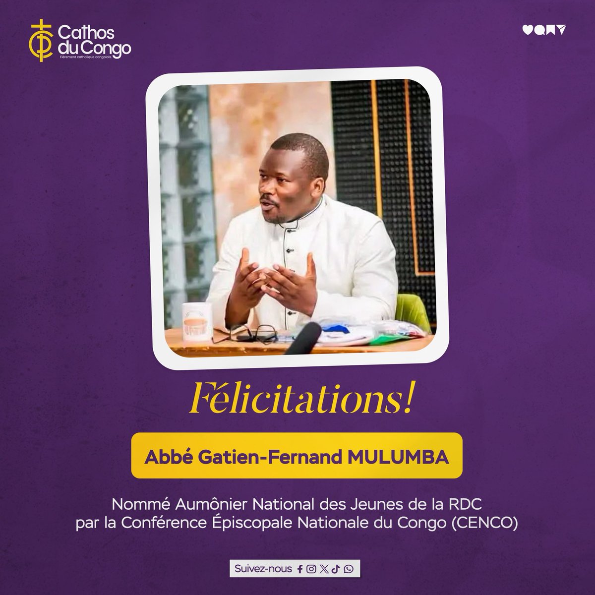 Cathosducongo's tweet photo. 🚨 | Une joie pour la jeunesse catholique de la #RDC !
Cathos du Congo adresse ses chaleureuses félicitations à l’Abbé Gatien-Fernand MULUMBA, nommé Aumônier National des Jeunes de la RDC par la @Cenco_officiel ! https://t.co/7FAgqu6IRd