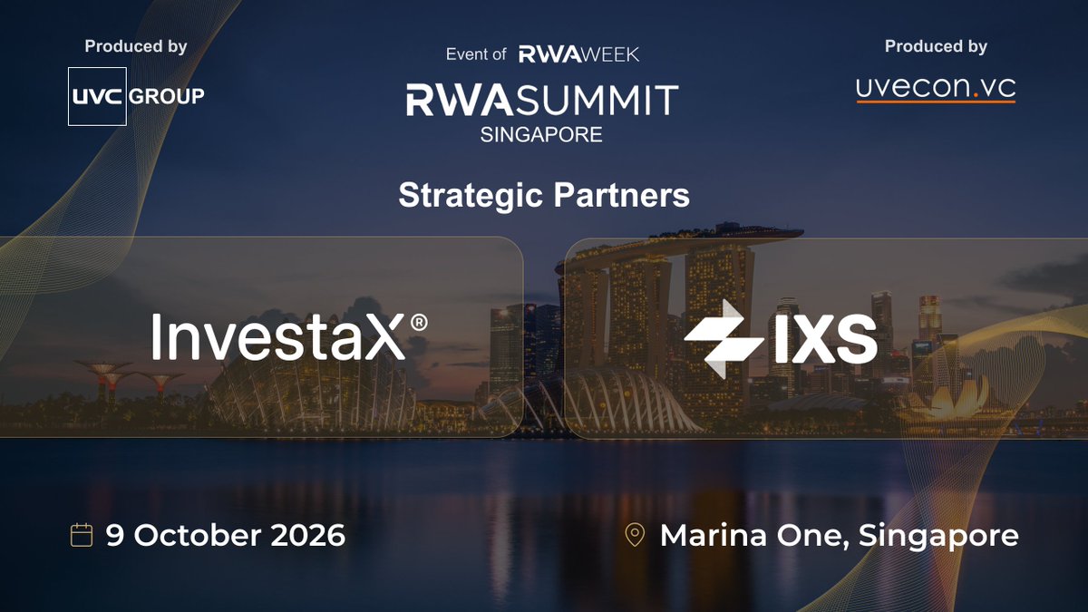 rwasummitglobal's tweet photo. NEW STRATEGIC PARTNERSHIP ANNOUNCEMENT 🙌

We are thrilled to welcome @investax  and @IxsFinance   as Strategic Partners for the upcoming @rwasummitglobal #Singapore!  

The future of #tokenized finance relies on secure, institutional-grade infrastructure. 

https://t.co/LW5Kw0BaWM and https://t.co/avGrvgpIUq are leading the charge by building the essential foundation for tokenized real-world assets (#RWAs) and compliant digital securities markets, paving the way for broader access to onchain investment opportunities.  

Join us this October to connect with the leaders driving institutional adoption at the intersection of capital markets and #blockchain infrastructure.  

Event Details: 
📅When: 9 October 2026 | 09:00 - 18:00 SGT 
🗾Where: Marina One, 5 Straits View (5-min walk from Marina Bay Sands)  

👉Secure your spot today: https://t.co/lof4x0id9q ✍️Produced By: https://t.co/sXPlej6M0B | Part of the @rwaweek  WEEK series