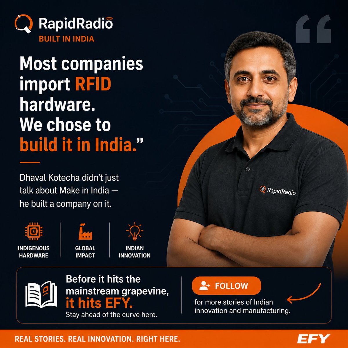 EFYmagonline's tweet photo. Most companies import RFID hardware. We chose to build it in India." - Dhaval Kotecha, RapidRadio https://t.co/oDP4MA7wE8
#MakeInIndia #RFID #EngineeringInnovation #Sunburn https://t.co/5qvx3H5Da2