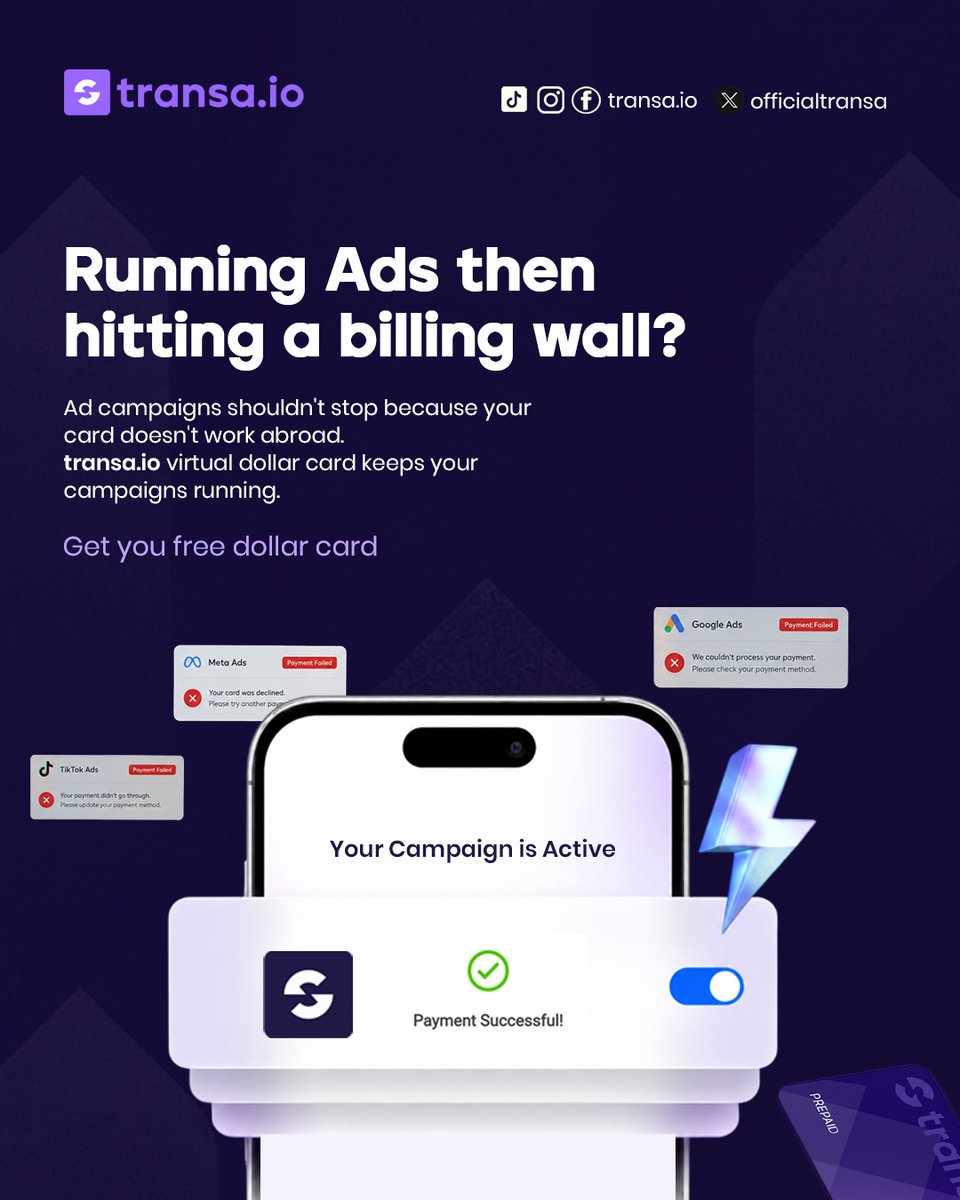 officialtransa's tweet photo. You spent hours perfecting your audience and copy, only for your local card to hit an international billing wall. 🤔

Our virtual dollar card bypasses the restrictions and keeps your payments successful.

👉 Get your virtual dollar card now.

#Fintech #VirtualCard #MetaAds https://t.co/HIujuNImUM