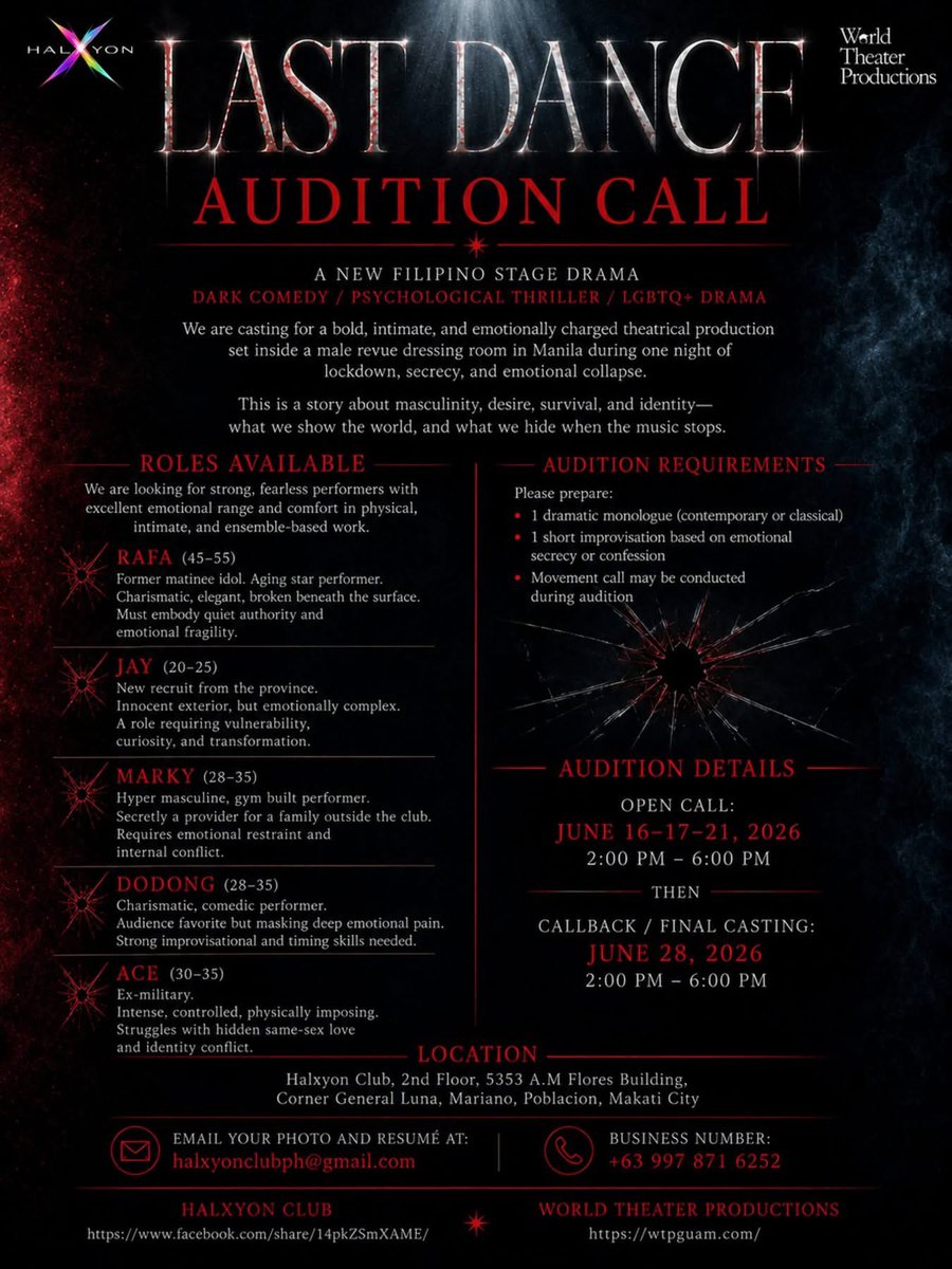 superchasu's tweet photo. 🎭 AUDITION CALL: LAST DANCE
World Theater Productions x Halxyon Club is casting RAFA for LAST DANCE—a powerful Filipino stage drama exploring masculinity, identity, desire, and survival.

📅 June 28, 2026 | 2–6 PM
📍 Halxyon Club, Poblacion, Makati https://t.co/jbHq69E0YZ