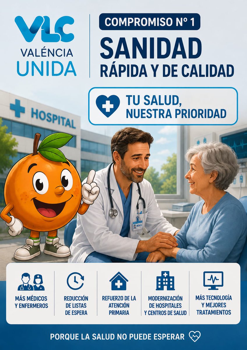 valencia_unida's tweet photo. La #salud no puede esperar. Nos comprometemos a reforzar la #sanidad #valenciana  con más profesionales, mejores condiciones laborales y una remuneración  justa para quienes nos cuidan. Reducir las listas de espera, impulsar la construcción de un  #hospital General de #torrent. https://t.co/hxvv6VwqoI