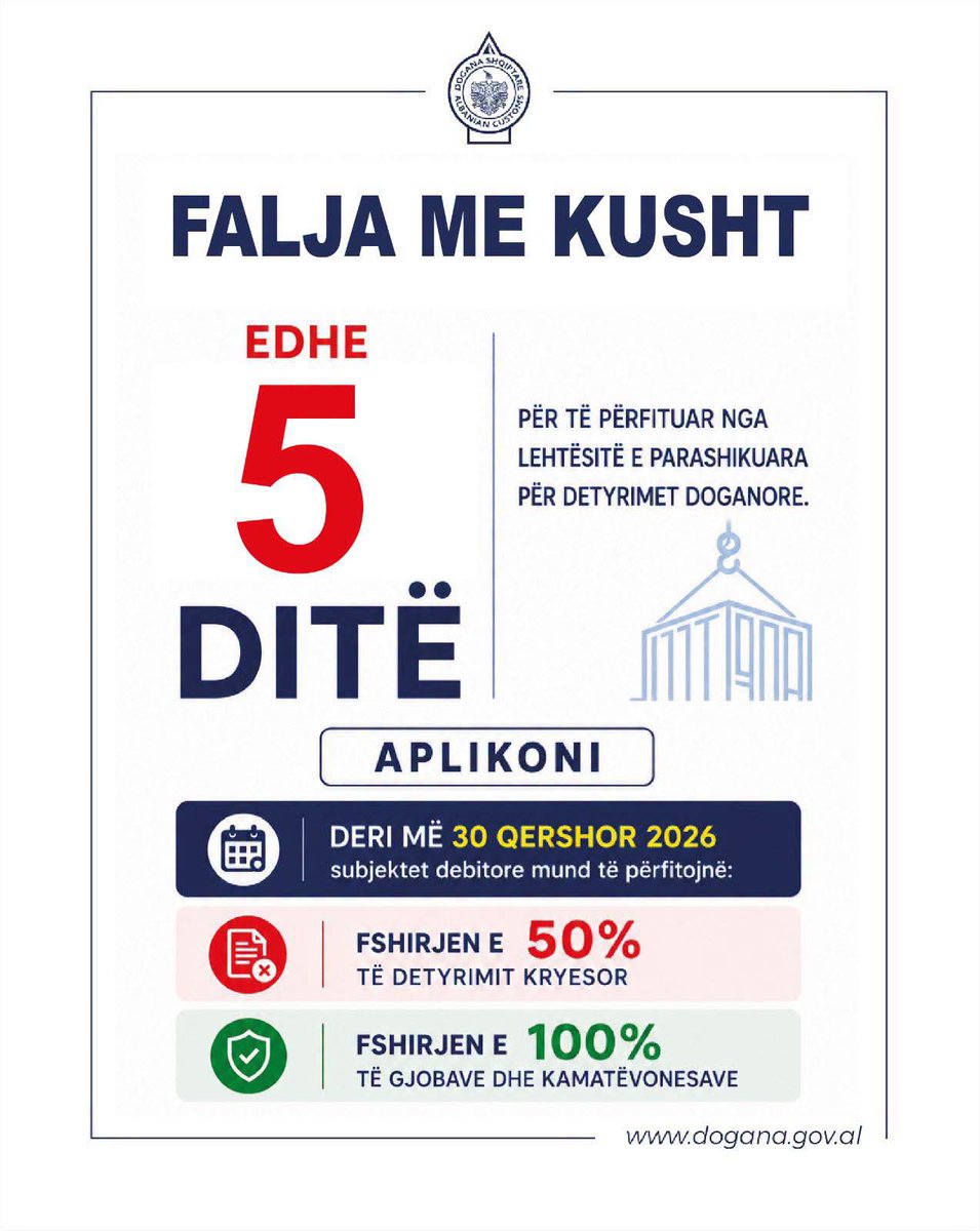 BejaBesmir's tweet photo. ⏳ Kanë mbetur edhe 5 ditë për të përfituar nga lehtësitë e parashikuara për detyrimet doganore.

Subjektet debitore duhet të drejtohen pranë degëve përkatëse për të përfituar brenda afatit. https://t.co/zQNKwCkxQt