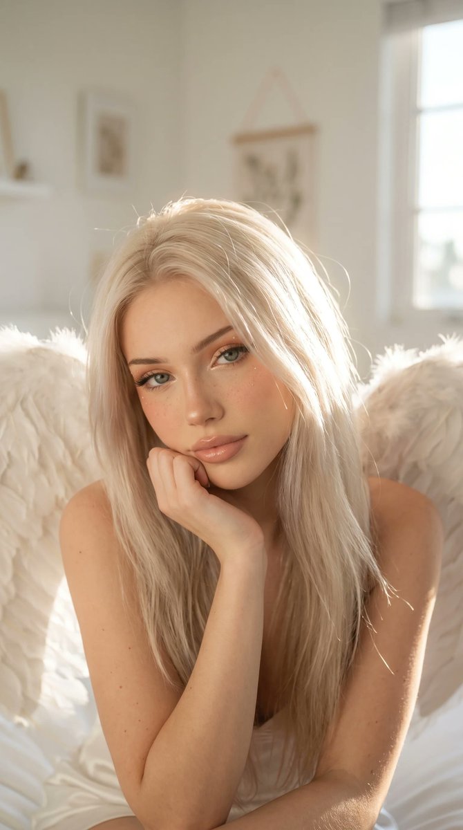 CliQi_AI's tweet photo. Angel-like🪽
Generated in CliQi. 
Prompt:
beautiful US young blonde woman,

fair porcelain skin,

soft natural blush,

healthy luminous complexion,

long platinum blonde hair,

silky straight hair,

slightly tousled strands framing the face,

large blue-green eyes,

long wispy eyelashes,

soft winged eyeliner,

natural peach eyeshadow,

light glossy nude pink lips,

subtle fairy-inspired glittering makeup,

minimal freckles,

delicate facial features,

angel aesthetic,

wearing large realistic white feather angel wings,

soft layered feathers,

luxurious feather texture,

wings extending behind both shoulders,

bare shoulders,

minimal white satin fabric barely visible,

leaning forward naturally,

head tilted downward,

eyes looking softly toward the camera,

chin resting gently on curled fingers,

relaxed hand beneath chin,

peaceful dreamy expression,

soft melancholic mood,

intimate close-up portrait,

close framing,

warm bedroom environment,

minimal white walls,

subtle room decor softly blurred,

golden afternoon sunlight entering through a nearby window,

warm sunlight illuminating hair,

soft glowing highlights,

natural skin bloom,

dreamy haze,

diffused lighting,

slightly overexposed highlights,

soft ambient shadows,

volumetric sunlight,

editorial beauty photography,

ethereal fantasy portrait,

angelcore aesthetic,

coquette aesthetic,

soft girl aesthetic,

heavenly atmosphere,

warm cream color palette,

Kodak Portra 400 film color science,

subtle vintage film grain,

high dynamic range,

Canon EOS R5,

85mm portrait lens,

f1.4 aperture,

extremely shallow depth of field,

photorealistic skin texture,

natural skin pores,

luxury beauty campaign,

editorial magazine quality,

Pinterest aesthetic,

Instagram explore page quality,

dreamlike atmosphere,

cinematic soft glow,

ultra realistic,

masterpiece, best quality, ultra realistic photography, RAW photo, 8k.