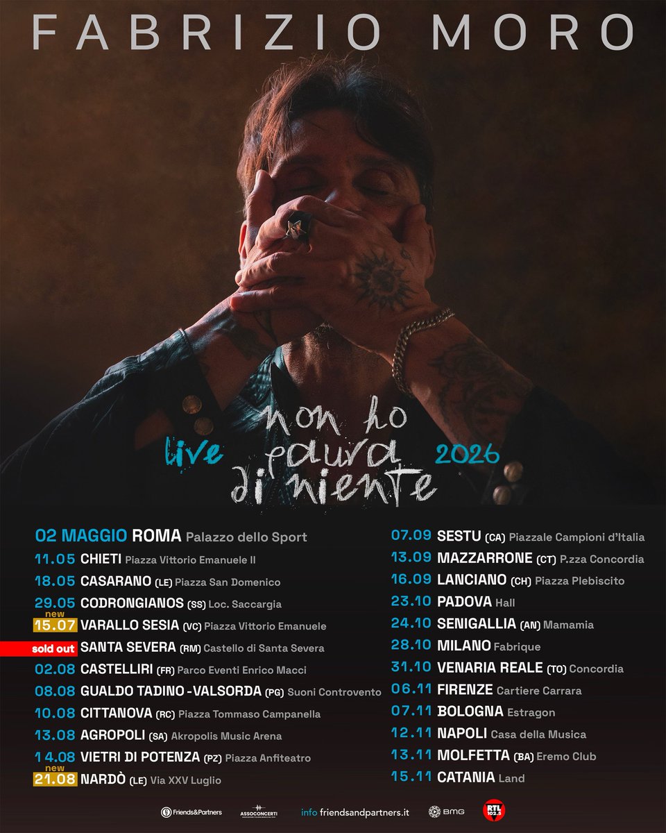 FabrizioMoroOff's tweet photo. La data del 1 agosto a Santa Severa è sold out! E si aggiungono due nuove date al tour NON HO PAURA DI NIENTE Live 2026:
15.07 Varallo Sesia (VC) Piazza Vittorio Emanuele
21.08 Nardò (LE) Via XXV Luglio

Ci vediamo in giro🍷❤️

#FabrizioMoro #NonHoPauraDiNiente https://t.co/LfP4ilCuaj
