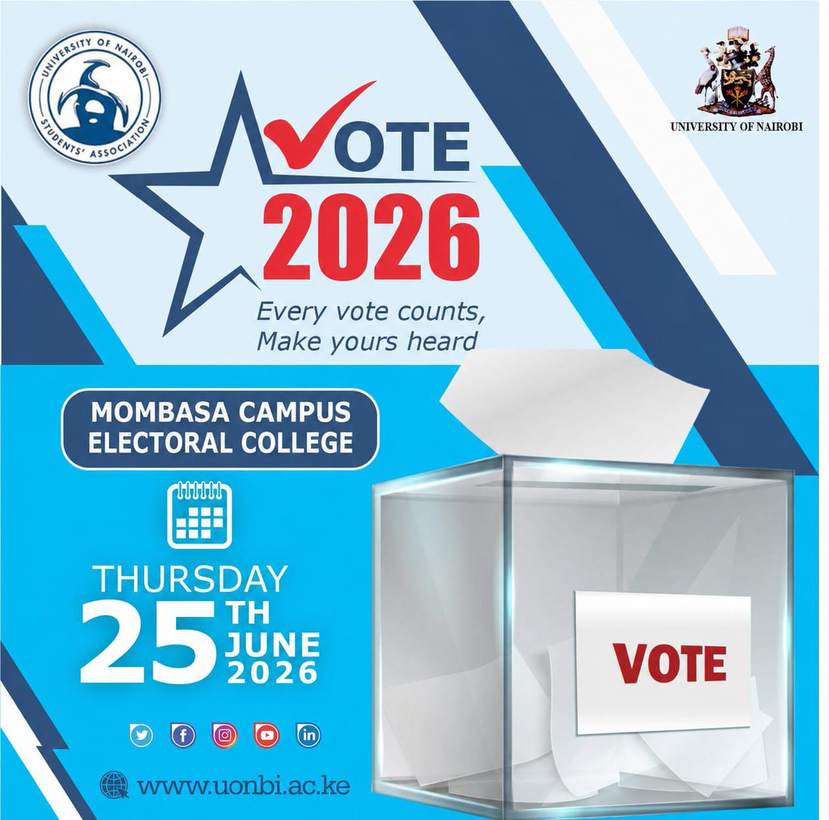 mat3sha's tweet photo. Today's the day! 🥳
Calling all @uonbi students from @uonmombasa electoral college to log in to https://t.co/pcSocVgPaM and cast their #UNSA2026 votes! Make your voice heard! 🗳️

#UoNStudentelections @CouncilUnsa https://t.co/1iyqAN8dYr