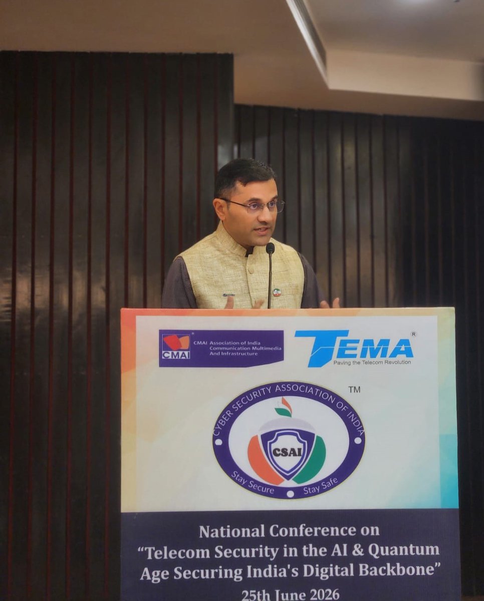 NATIONALTELECOM's tweet photo. National Conference on  Telecom Security in the AI and Quantum Age – Securing India's Digital Backbone in the Era of AI and Quantum Computing

Sh. Vishal Gautam, Director, AI & Cyber Threat Research Centre – India, Zscaler, delivered a thought-provoking address on India's evolving cyber threat landscape and the strategic priorities for building a resilient digital ecosystem.

Key Insights:
* India is now the second most targeted nation in cyberspace, while simultaneously emerging as one of the world's fastest-growing digital economies.
* "Complexity is the enemy of security." Simplifying and consolidating cybersecurity architectures is essential for improving resilience and reducing risk.
* Organizations should move away from fragmented, isolated security solutions and adopt integrated, collaborative cybersecurity frameworks.
* Building a robust, indigenous cybersecurity technology stack is critical to protecting India's digital infrastructure and supporting the vision of Viksit Bharat 2047.
* Emphasizing India's innovation potential, he remarked, "Never underestimate the power of Bharat."

The session reinforced that achieving a secure digital future requires simplified security architectures, indigenous innovation, and strong collaboration across government, industry, and academia.

#TelecomSecurity #CyberSecurity #AI #DigitalTransformation #CriticalInfrastructure #cybershakticsf #ViksitBharat2047 #DigitalIndia #Zscaler #CSAI #TEMA #CMAI