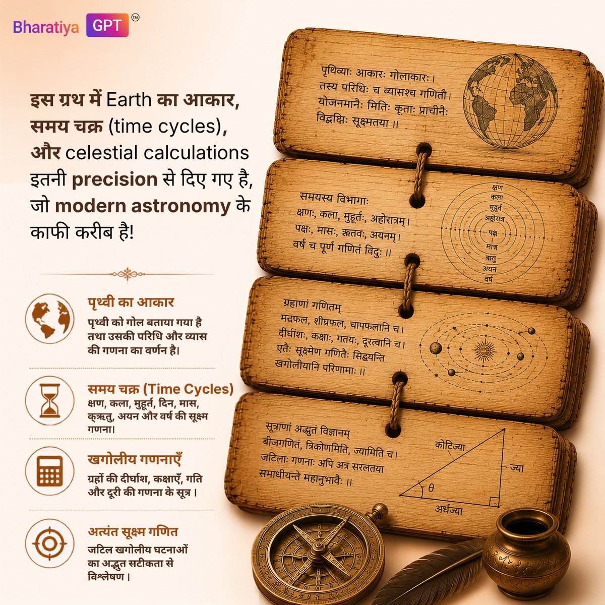 Bharatiyagpt's tweet photo. हजारों वर्ष पहले रचित सूर्यसिद्धांत केवल एक खगोलीय ग्रंथ नहीं था, बल्कि प्राचीन भारत की वैज्ञानिक और गणितीय प्रतिभा का अद्भुत प्रमाण है।

इस ग्रंथ में:
🔹 ग्रहों और नक्षत्रों की सटीक गति का वर्णन
🔹 सूर्यग्रहण और चंद्रग्रहण की गणना की विधियाँ
🔹 दिन, माह, ऋतु और वर्ष की समय-गणना
🔹 पृ��्वी के आकार और उसकी माप से जुड़े सिद्धांत
🔹 ग्रहों की दूरी, कक्षाएँ और खगोलीय घटनाओं का विश्लेषण
🔹 ज्या (Sine) और कोटिज्या (Cosine) जैसी त्रिकोणमितीय अवधारणाओं का प्रयोग

सूर्यसिद्धांत यह दर्शाता है कि प्राचीन भारत में खगोल विज्ञान केवल आस्था या अवलोकन पर आधारित नहीं था, बल्कि गहन गणितीय विश्लेषण, मापन और वैज्ञानिक तर्क पर आधारित था। इसके अनेक सिद्धांत आधुनिक खगोल विज्ञान की अवधारणाओं के आश्चर���यजनक रूप से निकट दिखाई देते हैं।

📖 यह ग्रंथ हमें याद दिलाता है कि भारत की ज्ञान परंपरा में विज्ञान, गणित और ब्रह्मांड की समझ का एक समृद्ध इतिहास रहा है।

✨ ऐसे ही दुर्लभ ग्रंथों और भारतीय ज्ञान परंपरा के अद्भुत रहस्यों को जानने के लिए BharatiyaGPT से जुड़ें।

#SuryaSiddhanta #BharatiyaGPT #IndianKnowledgeSystems #IKS #AncientIndia #IndianAstronomy #VedicScience #HistoryOfScience #IndicWisdom #AncientKnowledge #SanskritManuscripts #SpaceScience #Astronomy #ScientificHeritage #Bharat