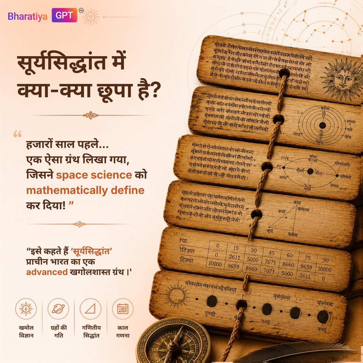 Bharatiyagpt's tweet photo. हजारों वर्ष पहले रचित सूर्यसिद्धांत केवल एक खगोलीय ग्रंथ नहीं था, बल्कि प्राचीन भारत की वैज्ञानिक और गणितीय प्रतिभा का अद्भुत प्रमाण है।

इस ग्रंथ में:
🔹 ग्रहों और नक्षत्रों की सटीक गति का वर्णन
🔹 सूर्यग्रहण और चंद्रग्रहण की गणना की विधियाँ
🔹 दिन, माह, ऋतु और वर्ष की समय-गणना
🔹 पृ��्वी के आकार और उसकी माप से जुड़े सिद्धांत
🔹 ग्रहों की दूरी, कक्षाएँ और खगोलीय घटनाओं का विश्लेषण
🔹 ज्या (Sine) और कोटिज्या (Cosine) जैसी त्रिकोणमितीय अवधारणाओं का प्रयोग

सूर्यसिद्धांत यह दर्शाता है कि प्राचीन भारत में खगोल विज्ञान केवल आस्था या अवलोकन पर आधारित नहीं था, बल्कि गहन गणितीय विश्लेषण, मापन और वैज्ञानिक तर्क पर आधारित था। इसके अनेक सिद्धांत आधुनिक खगोल विज्ञान की अवधारणाओं के आश्चर���यजनक रूप से निकट दिखाई देते हैं।

📖 यह ग्रंथ हमें याद दिलाता है कि भारत की ज्ञान परंपरा में विज्ञान, गणित और ब्रह्मांड की समझ का एक समृद्ध इतिहास रहा है।

✨ ऐसे ही दुर्लभ ग्रंथों और भारतीय ज्ञान परंपरा के अद्भुत रहस्यों को जानने के लिए BharatiyaGPT से जुड़ें।

#SuryaSiddhanta #BharatiyaGPT #IndianKnowledgeSystems #IKS #AncientIndia #IndianAstronomy #VedicScience #HistoryOfScience #IndicWisdom #AncientKnowledge #SanskritManuscripts #SpaceScience #Astronomy #ScientificHeritage #Bharat