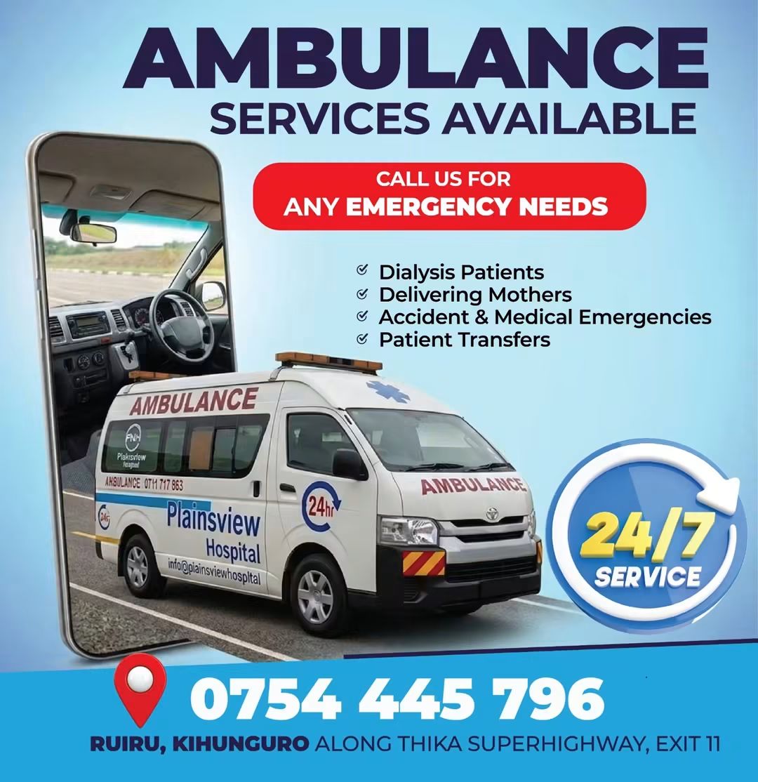 Plainsview_H's tweet photo. Every second matters!
Our 24/7 ambulance team is always on standby to respond quickly and safely whenever you need urgent medical transport or emergency care.
We are one call away, anytime day or night.

Call us on: 0754 445 796

#Plainsviewhospital https://t.co/hU2QWyzNzX