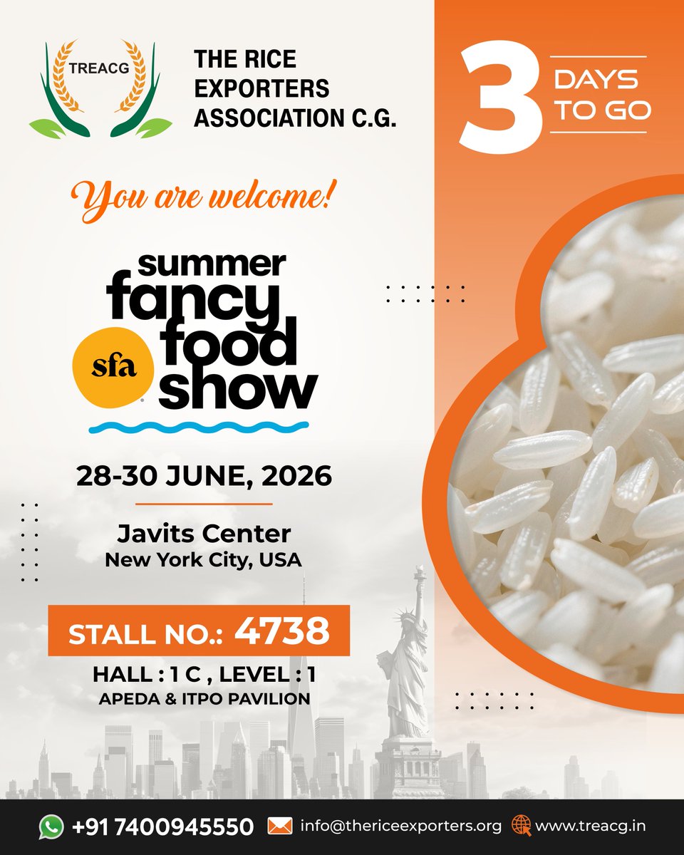 TREACG_'s tweet photo. ⏳ 3 days to go!

Meet TREACG at the Summer Fancy Food Show 2026.

Connect with India's top rice exporters at the APEDA &amp; ITPO Pavilion.

📍 Stall 4738 | Hall 1C, Level 1
📅 28–30 June | Javits Center, NYC
🌐 https://t.co/RNVTtYrZcA

#TREACG #SummerFancyFoodShow2026 #APEDA https://t.co/hBOZyJMzmw