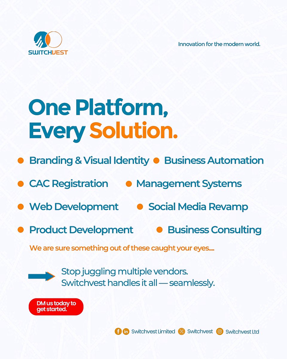 switchvest's tweet photo. Why work with 5 different vendors when one partner can help you build, grow, automate, and scale?
At SwitchVest, we help businesses with:
- Branding
- Websites
- Automation
- Management Systems
- Strategy
- Product Development
One platform. Multiple solutions.
#SwitchVest https://t.co/fx3mrsOces