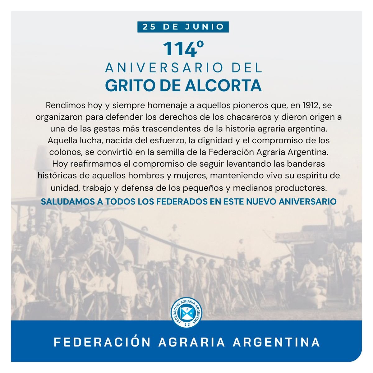 fedeagraria's tweet photo. 114° aniversario del Grito de Alcorta https://t.co/TDxabJkOf7