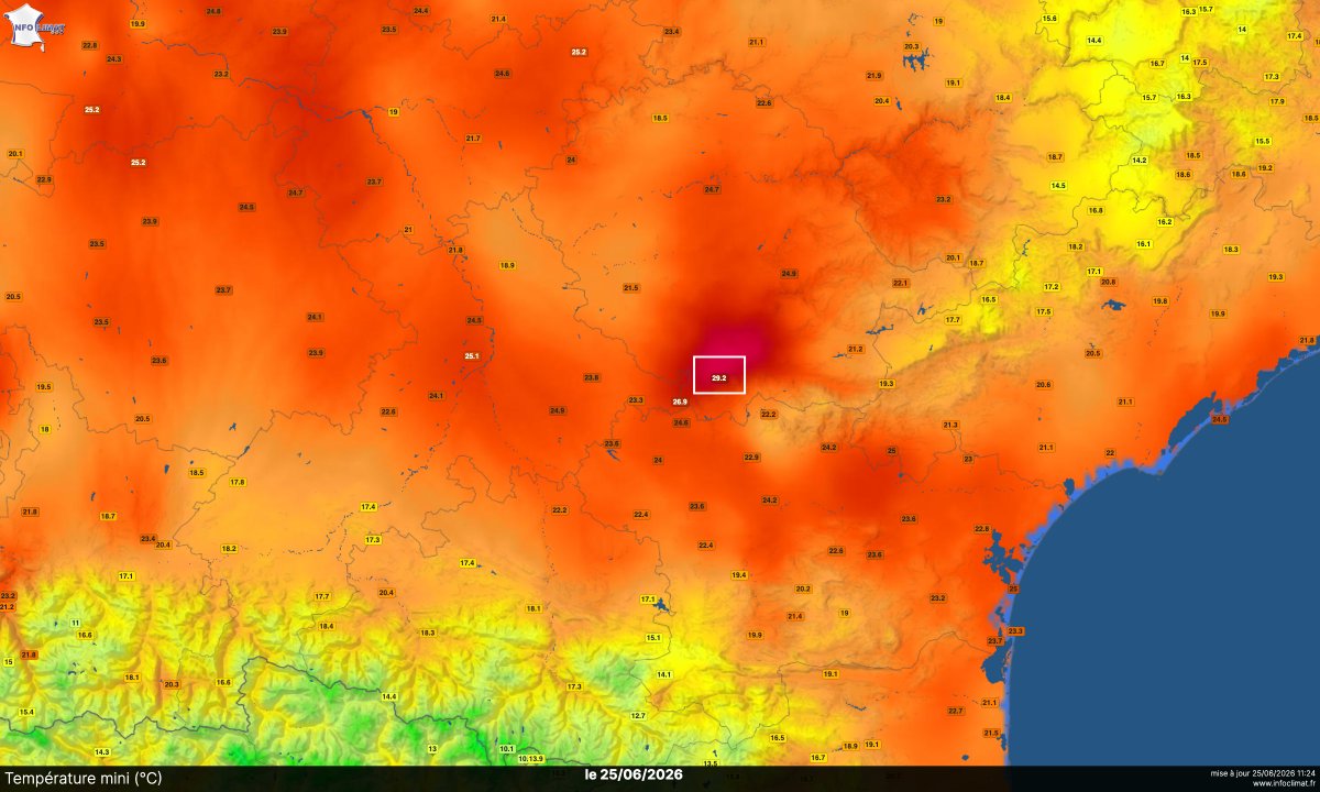 DorianDziadula's tweet photo. 🌡️ Température minimale de 29.2°C à Dourgne (Tarn) ce 25 juin.

Nouveau record de température minimale en juin en France, devant les 29.0°C de Menton (Alpes-Maritimes) le 27/6/2019.

Record absolu tous mois confondus : 30.5°C à Marignana (Corse-du-Sud) le 1/08/2017.

@infoclimat https://t.co/tvIZm8QQ9B