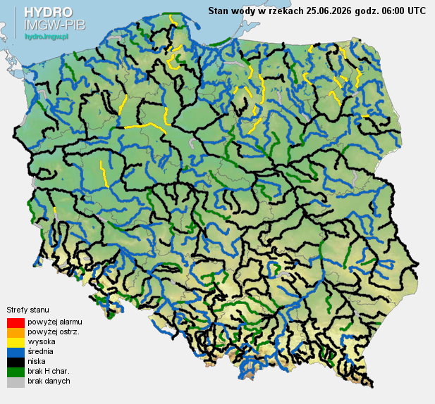 IMGWmeteo's tweet photo. Już 177 stacji hydrologicznych w Polsce notuje przepływy niższe niż średni niski przepływ z wielolecia (wartość przyjmowana jako granica suszy hydrologicznej). To aż o 25 stacji więcej niż wczoraj i o 70 stacji więcej niż tydzień temu. Zagrożenie suszą będzie gwałtownie wzrastać w wyniku nadchodzących upałów. Wysoka temperatura, duże usłonecznienie i zwiększona ewapotranspiracja przyspieszają proces przesuszania gleby i ograniczają dostępność wody w środowisku. Liczba stacji z przepływem poniżej SNQ, w trakcie weekendu będzie szybko rosła. Prognozowane w niedziele przelotne opady deszczu nie będą w stanie poprawić trudnej sytuacji.