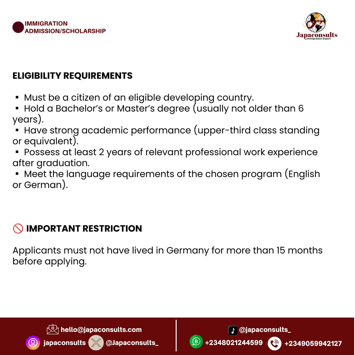 Japaconsults_'s tweet photo. Fully funded DAAD EPOS scholarship 2027 in Germany 🇩🇪 see fliers for details 

You can reach out to us via any of these platforms:
Instagram: @japaconsults

09059942127 (Calls)

WhatsApp: +2348021244599

Email: hello@japaconsults.com https://t.co/92MYZ6iQ4n