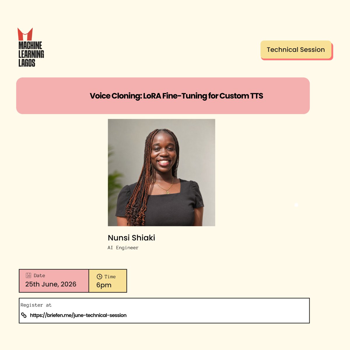 mlinlagos's tweet photo. June Technical Session is here 🎤

Nunsi Shiaki (AI Engineer, Babelos) is showing us how to clone a voice using LoRA fine-tuning — without retraining the whole model.

📅 Thursday, 25th June — 6:00 PM

👉🏽 Register: https://t.co/hHuZLxvNAD https://t.co/CzyZMubZrn