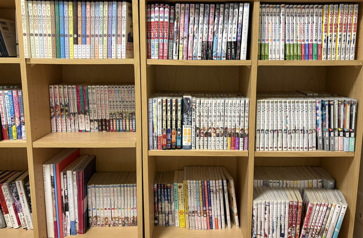 Syawawawasyawa's tweet photo. 百合の日なので我が家の主力本棚と、引っ越しから数ヶ月経過しているのに未整理な悲しみの本棚達です https://t.co/Dw6RoSyzCD