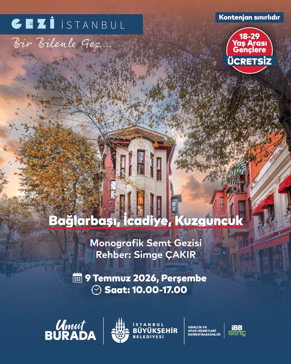 ibbgsm's tweet photo. Gezi İstanbul Temmuz’da da Devam Ediyor! 🌿🏛️

Gezi İstanbul programı, Temmuz ayında da gençleri İstanbul’un tarihi, kültürel ve doğal güzellikleriyle buluşturmaya devam ediyor.

Müzelerden tarihi semtlere, saraylardan doğa rotalarına uzanan birbirinden özel geziler; alanında uzman rehberler eşliğinde gençlere şehri keşfetme fırsatı sunuyor.

📍18-29 yaş arası gençlere özel 

📅 Temmuz ayı gezi başvuruları başladı.

🔎 Temmuz ayı gezi takvimini kaçırma, sen de İstanbul’u keşfet!

🔗 Detaylı bilgi ve başvuru için: https://t.co/zA2c6pndTZ