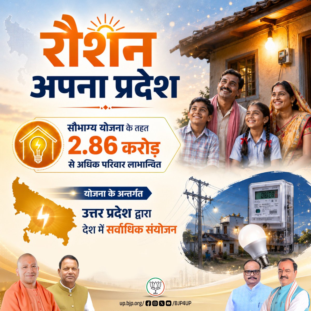 BJP4UP's tweet photo. डबल इंजन सरकार की जनकल्याणकारी नीतियों ने उत्तर प्रदेश के करोड़ों परिवारों के जीवन में विकास की नई रोशनी पहुंचाई है। 

सौभाग्य योजना के तहत 2.86 करोड़ से अधिक परिवार लाभान्वित

#नवनिर्माण_के_नौ_वर्ष #BJP4ViksitBharat #BJP4UP https://t.co/rbkpW8R8uX