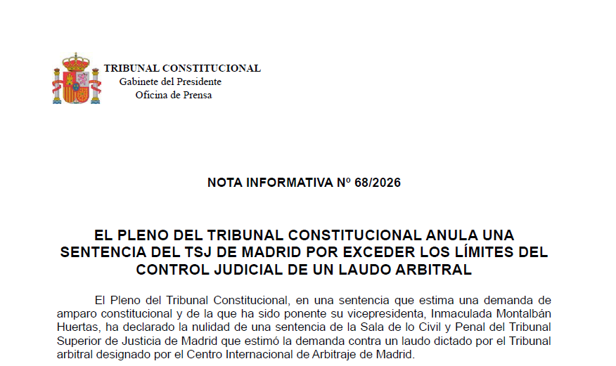 TConstitucionE's tweet photo. Nota de prensa | El Pleno del Tribunal Constitucional anula una sentencia del TSJ de Madrid por exceder los límites del control judicial de un laudo arbitral https://t.co/V81BjjNn1a https://t.co/GRga54QsrW