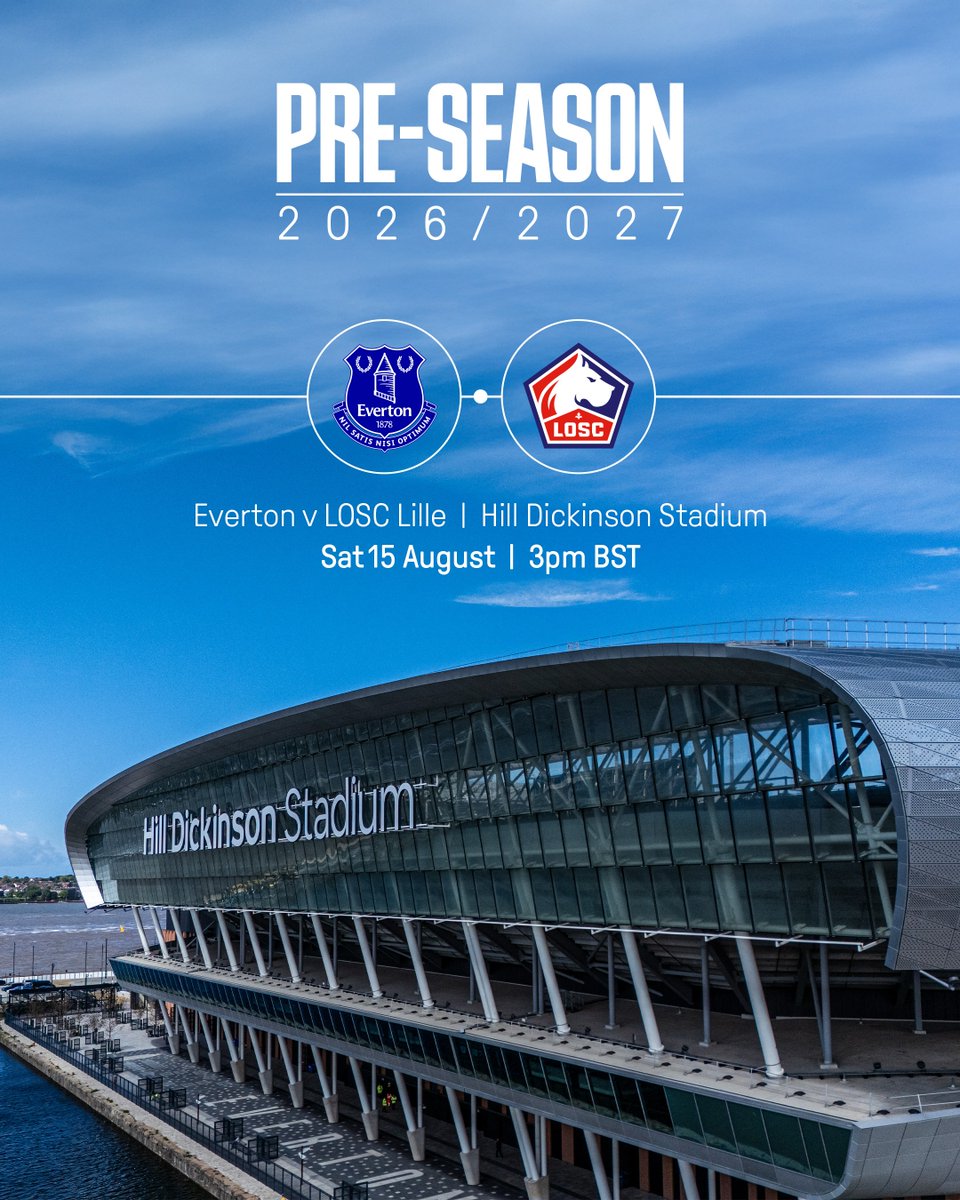 Everton's tweet photo. Our final pre-season fixture against Champions League opposition. 🏟️
 
We host @losclive at Hill Dickinson Stadium on Saturday 15 August (3pm BST) to wrap up our summer schedule.