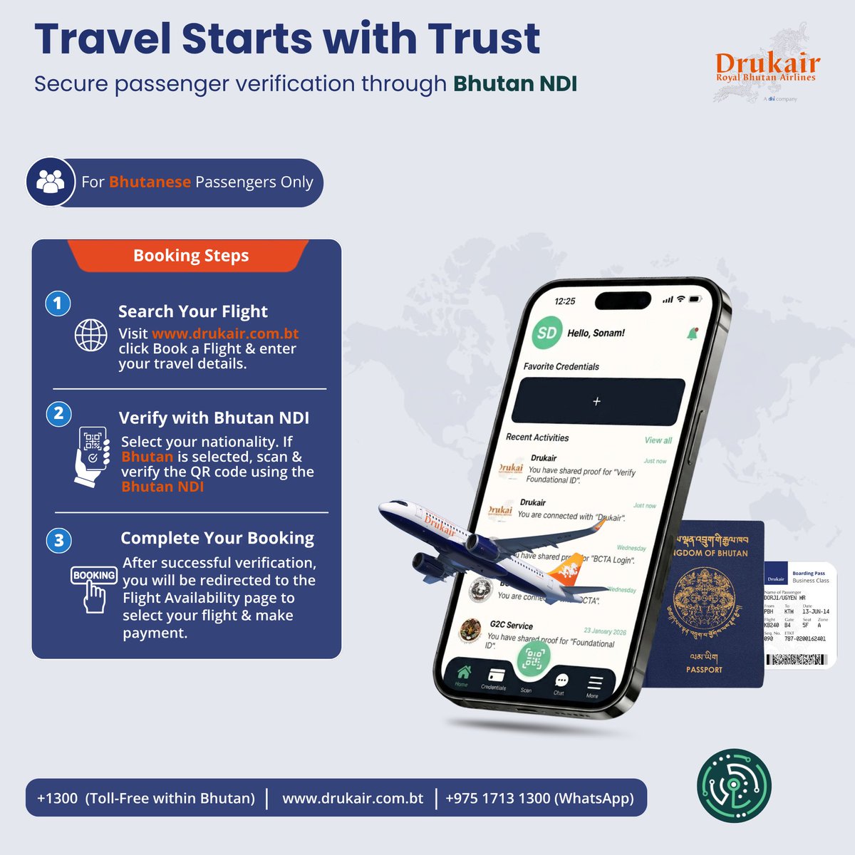 Drukair's tweet photo. Drukair is pleased to offer a more secure and seamless booking experience for Bhutanese passengers through Bhutan NDI verification on our official website. https://t.co/mm6mDDFaN5