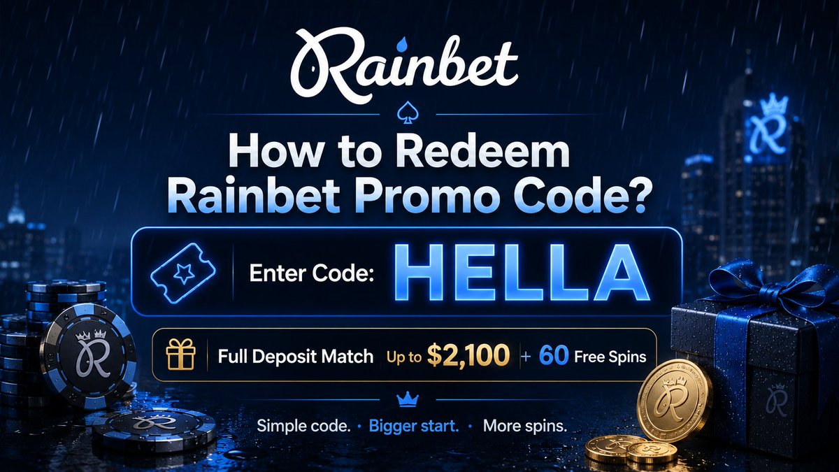 Code_Rainbet's tweet photo. Got a Rainbet promo code but not sure where to use it? 🌧️

Just enter HELLA during the bonus activation process and unlock a welcome deal with a full deposit match up to $2,100 plus 60 Free Spins 🎰

Simple code. Bigger start. More spins.
#Rainbet #PromoCode #CasinoBonus https://t.co/JZVkw6XQ7a