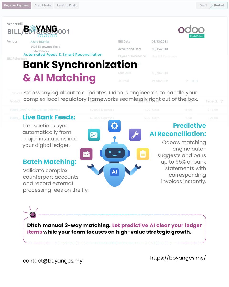BYCSHK's tweet photo. Is your #FinanceTeam driving growth, or chasing invoices? Fragmented software and manual data entries quietly drain your strategic momentum.

We've highlights how a unified @Odoo Financial Framework puts your compliance and data tracking on absolute autopilot.

#BYCS #Odoo #ERP https://t.co/lD7aYfkpxM