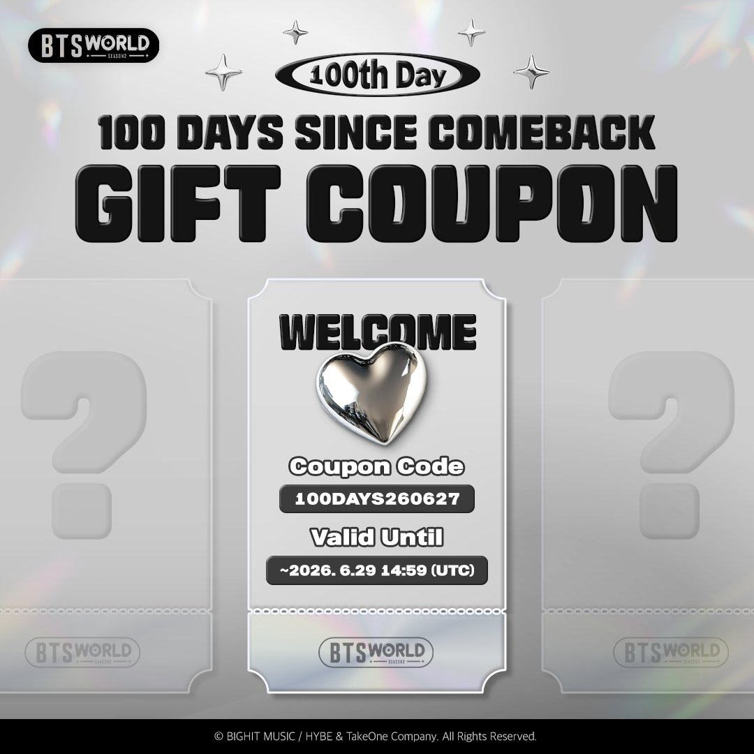 BTSWS2_official's tweet photo. [ 🎫 ] 100 Days Since Comeback

💯 days since starting a new chapter with BTS! Grab a gift to celebrate the 100-day mark since the comeback~

🎁Gift: 1,000 Gems
💎Coupon code: 100DAYS260627
❓How to use: Please check the link below

🔗https://t.co/RWVQ7hLN16

방탄소년단과 함께 새로운 이야기를 시작한 지 어느덧 💯일! 컴백 100일 기념 선물을 받아가세요-

🎁선물: 보석 x1,000
💎쿠폰 코드: 100DAYS260627
❓사용 방법: 위 링크를 확인해주세요

🎮Free download
https://t.co/22SDb6iDeJ

#BTSWORLD_Season2
#BTS #방탄소년단
#BTSW_S2_unlocked
#PLAY_BTSW_S2