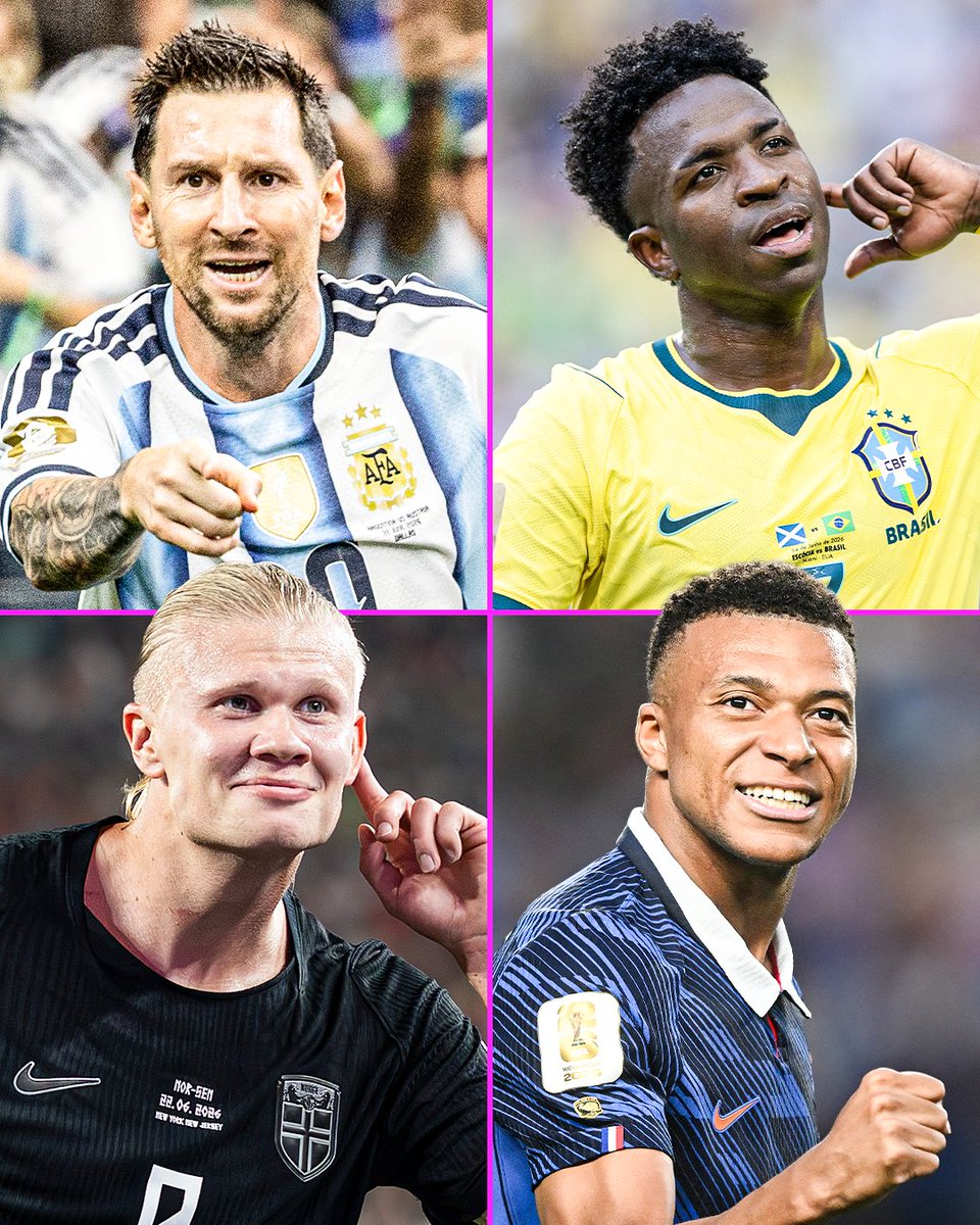 footballontnt's tweet photo. The top scorers at the 2026 World Cup so far…

🇦🇷 Lionel Messi - 5
🇧🇷 Vinícius Jr - 4
🇳🇴 Erling Haaland - 4
🇫🇷 Kylian Mbappé - 4

The big names all going for the award 🤩 https://t.co/u8BUb8FT0g