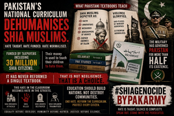 PavanKu198's tweet photo. Pakistan's national curriculum dehumanises Shia Muslims. It is funded by taxpayers including 30 million Shia citizens. The military has governed Pakistan for more than half its existence. It has never reformed a single textbook. That is a choice. Shia Genocide By Pak Army #pakArmyExposed