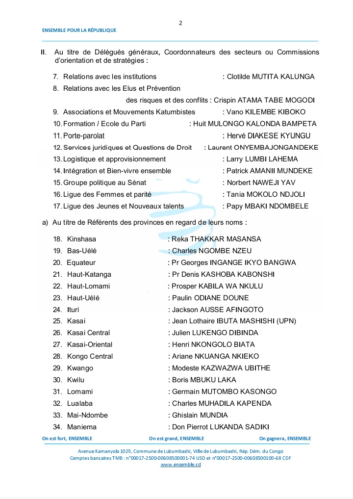 MichaelTshi's tweet photo. Arrêtez de mentir, le bureau politique d'Ensemble pour la République compte 50 membres et toutes les provinces y sont représentées, comme le prouve ce document. Ce que vous faites ne relève pas du journalisme, mais du mensonge et de la manipulation. Un journaliste sérieux se documente avant de faire des commentaires.
