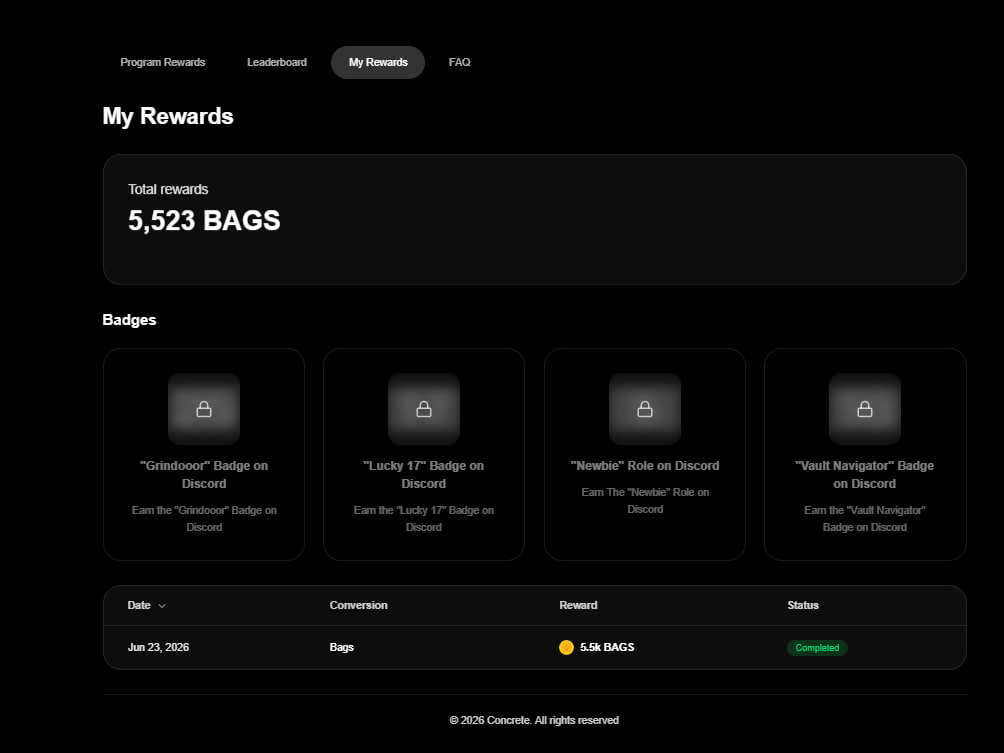 smolwyne's tweet photo. 🤑 Concrete Season 2 Live ~ Earn BAGS

Season 1 has officially ended and the snapshot has been completed.

@ConcreteXYZ raised $17M in funding.

Now both old and new users can join Season 2 and start earning BAGS points 👇

🔗 Go to: https://t.co/Lb6ZEz7A0V

– Connect the same EVM wallet
– Connect your X & Discord accounts
– Complete all new tasks
– Keep earning as many points as possible

Don't ignore Discord roles.

Try to grab roles like:
– Full Access
– Grindoor
– Lucky 17
– Newbie
– Vault Navigator

If you're only farming social points, that may not be enough for a future airdrop.

Strong Discord roles could significantly improve your chances 👀

• Season 2 Update for Old Users

– Your Phase 1 leaderboard rank has been carried over
– Your BAGS balance has been transferred automatically
– No action needed, just continue using the same wallet connected through Absinthe

⚠️ Referrals are temporarily disabled.

The old referral system has been retired and will be rebuilt using Fuul.

A new referral program is expected in the coming weeks.

that's it

Did you farm Season 1?

How many BAGS have you collected so far? 👇

❤️ Like, Repost & Share