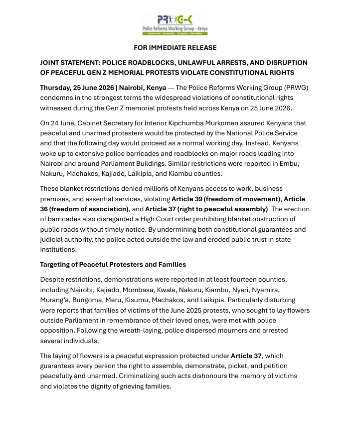 AmnestyKenya's tweet photo. JOINT STATEMENT: Across Kenya, roads have been blocked, peaceful protesters unlawfully arrested, and movement restricted as citizens attempt to honour those who lost their lives during the Gen Z protests.

Memorial processions are not a crime. The Constitution protects the rights to peaceful assembly, expression, and movement. Authorities must immediately end unlawful restrictions, release those arrested, and respect court orders and constitutional freedoms. Read more: https://t.co/QfiUUVHb1O

#JusticeForTheFallen #JusticeForOurShujaas