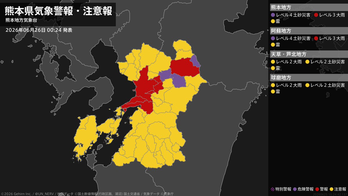 UN_NERV's tweet photo. 【熊本県 気象警報 2026年06月26日 00:24】
熊本県に気象警報が発表されています。 https://t.co/O9JpDX0cYo