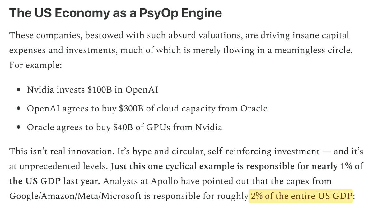 UnshadowedShow's tweet photo. "75% of US GDP Growth due to AI" — ZeroHedge reporting this today.  I had written about this in a recent substack:

"Our entire global human economy has literally become an engine of the technocratic elite’s psychological operations..."

full piece: https://t.co/lLBJf8wdM9 https://t.co/Y2kWChavkc